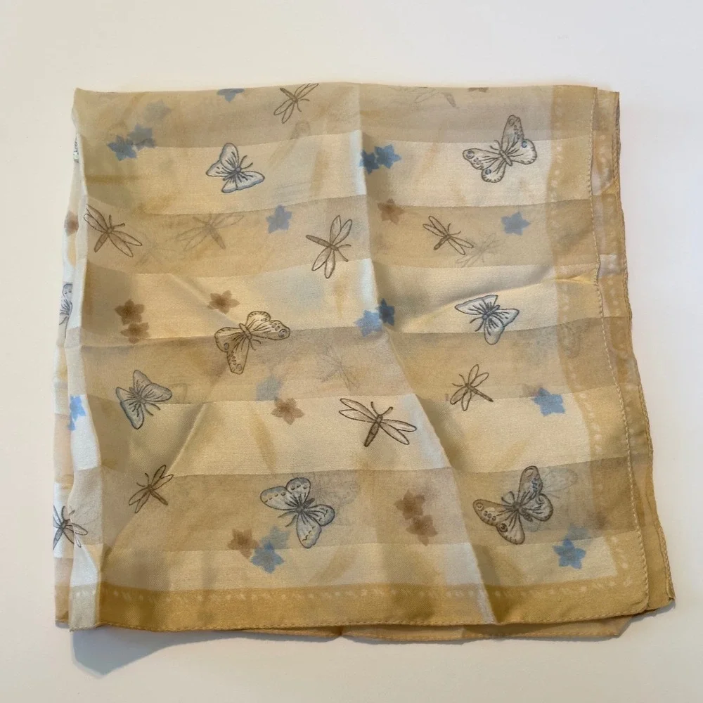 Made Italy Butterfly Dragonfly Striped Square Scarf Cream Tan Blue Cottagecore